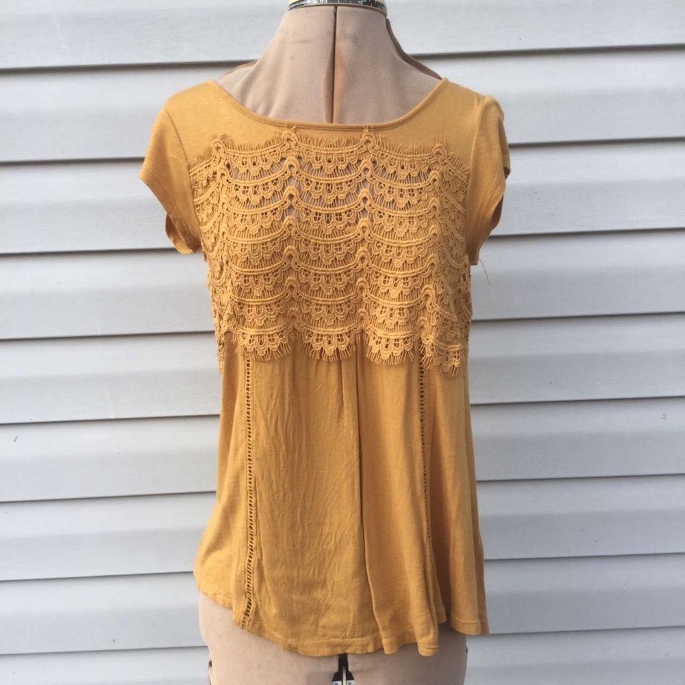 Jolt linen blend mustard yellow crochet top blouse size XS